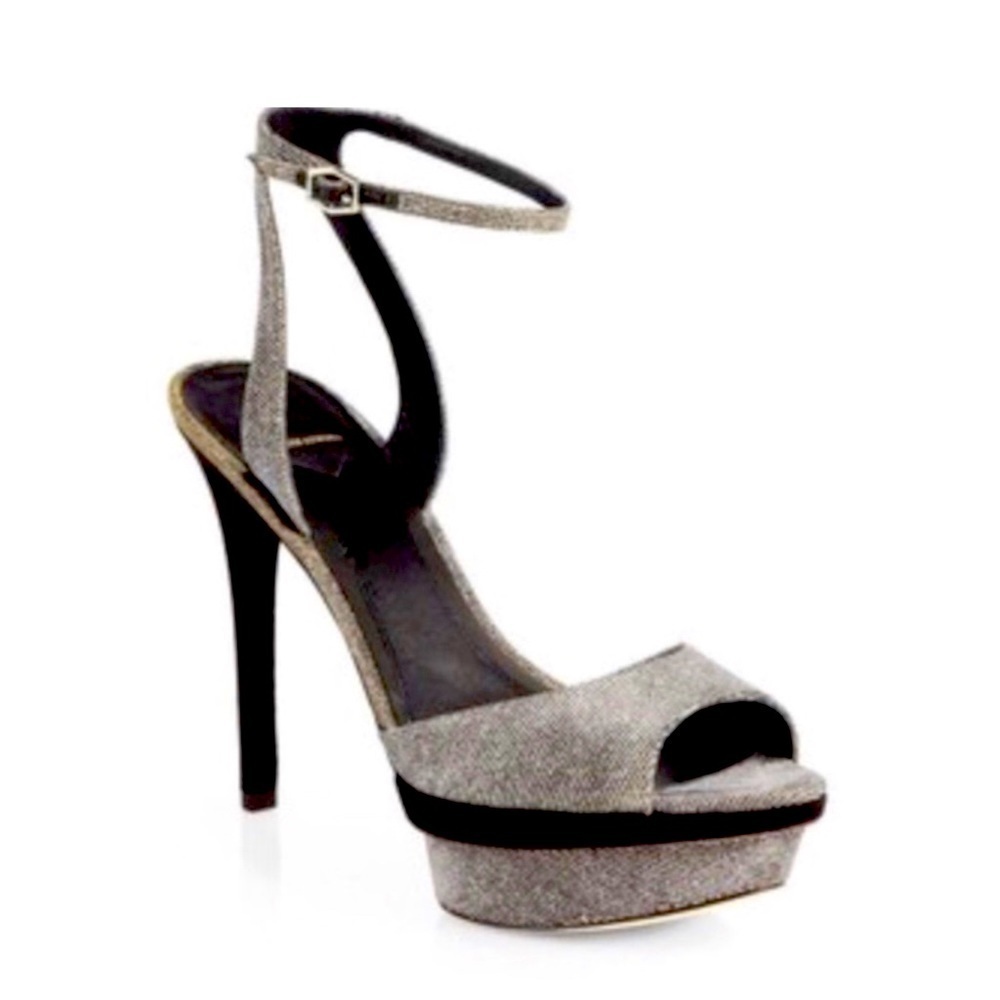 B BRIAN ATWOOD Femme Fatale Metallic & Black Velvet Heels 6.5